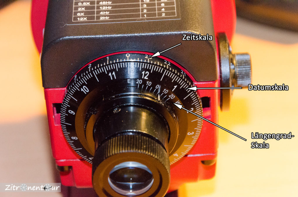 Skalen des Polsuchers am Star Adventurer, Datumskala, Zeitskala und Längengrad-Skala