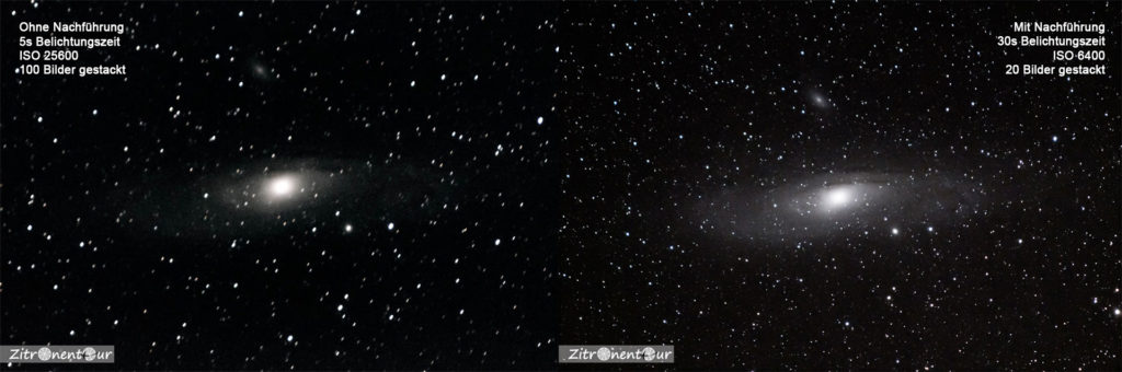 Vergleichsaufnahmen der Andromeda-Galaxie M31 links ohne Nachführung und rechts mit nachgeführter Kamera. Ohne Nachführung sind bereits deutlich Sternspuren zu erkennen.